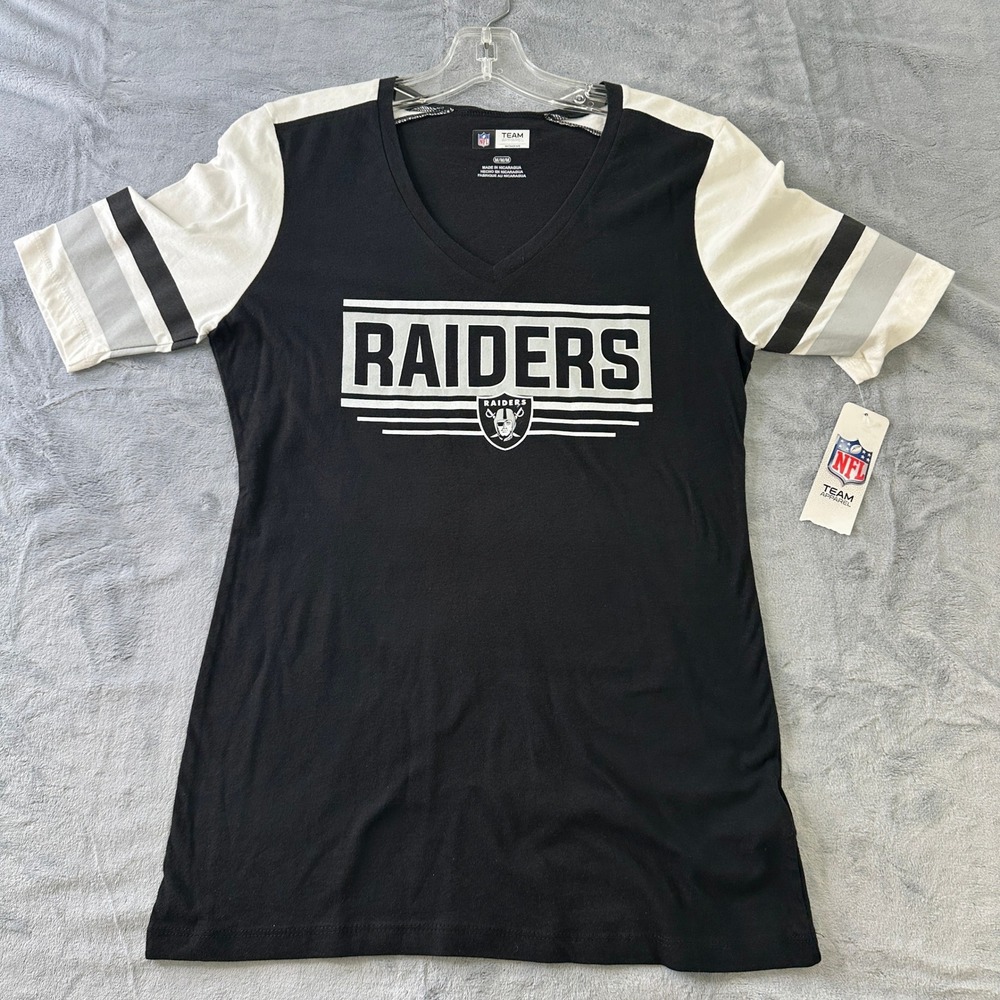 NWT NFL Team Apparel Las Vegas Raiders V-Neck T-Shirt Black White Womens Medium